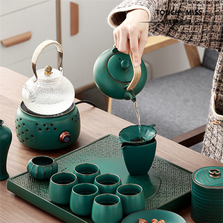 Touch MissDay style coarse pottery tea tea Boiled Tea Black Crystal Stove Tea Drinking-beam Tea Cup High-end Design Sensation Tea Tray