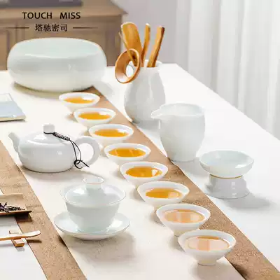 Touch Miss Chinese ceramic tea set Jade porcelain cover bowl Bucket Hat Teacup Simple light luxury atmosphere Household teapot