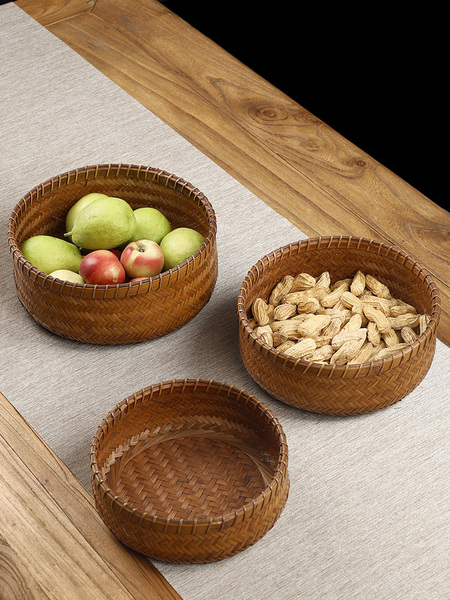 Handmade Bamboo Fruit Basket Retro Chinese For Home round Snack Storage Basket Dried Fruit Tray Woven Tray Steamed Bread Basket