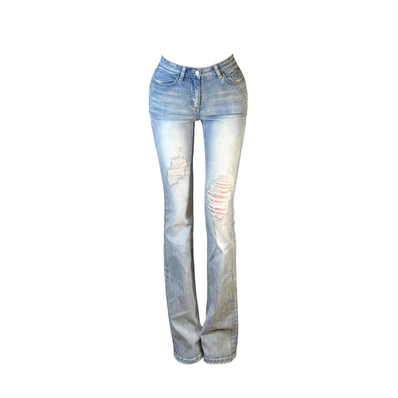 Roki Long Leg Effect 25F Light Blue Ripped Vintage Mid-Waist Flared Jeans with Hip-Enhancing Effect
