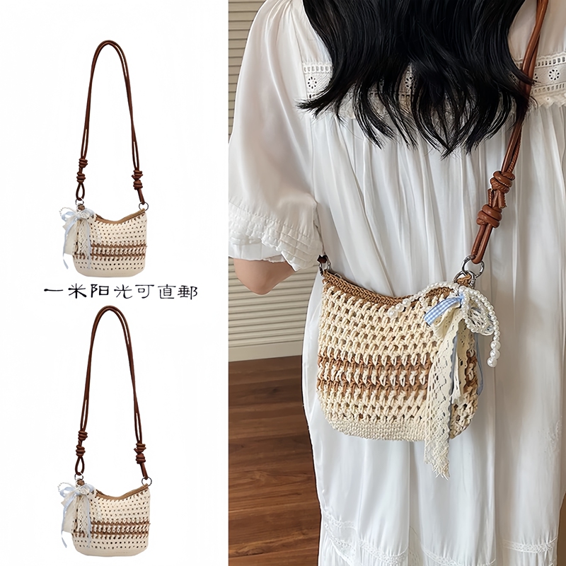 Japanese Jgp Sun Qian Style Cotton Thread Hollow Woven Bag for Women, New Commuter-Friendly Large-Capacity Bucket Beach Bag