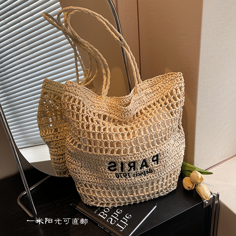 Japan's Jgp New Letter Embroidered Straw Bag Women's Large-Capacity Resort Style Beach Bag Relaxed Shoulder Tote Bag