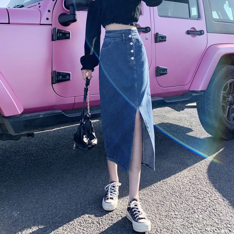 mularsa half body skirt woman 2021 summer new high waist row button design sensation small crowddenim a character open fork long dress