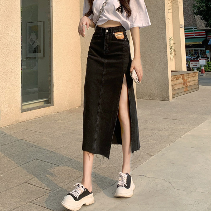 mularsa denim skirt women's 2021 summer new high-waisted slim A-line side slit bag hip long skirt