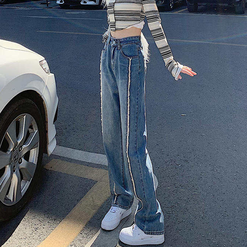 High Waist Jeans Woman Straight Barrel Loose 2022 Spring New Design Sensation Small Crowdside Striped Wide Pants