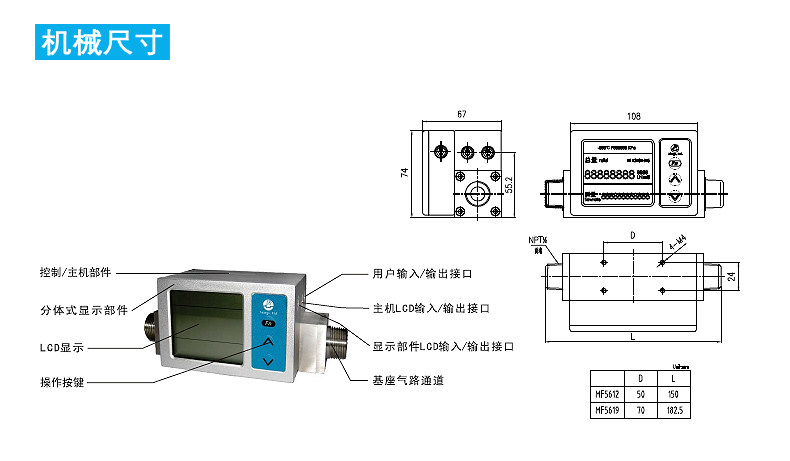 MF5612气体质量流量计 SIARGO MF5600系列气体质量流量计,数显气体质量流量计,MF5612分体式气体质量流量计,MF5619分体式气体质量流量计,MF5600系列分体显示式气体质量流量计