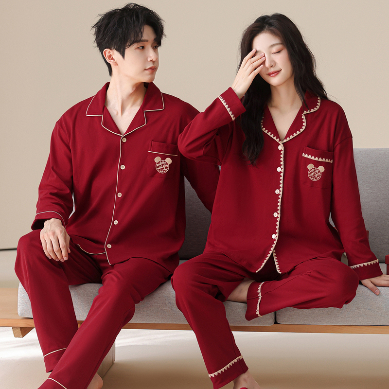 2026 New Red Long-Sleeved Festive Pure Cotton Couple's Pajamas Wedding Newlywed Home Wear Two-Piece Set for the Year of Birth 2026 New Red Long-Sleeved Festive Pure Cotton Couple's Pajamas Wedding Newlywed Home Wear Two-Piece Set for the Year of Birth