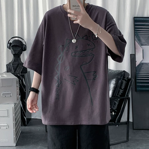 Летняя футболка с коротким рукавом, трендовый универсальный хлопковый динозавр, в корейском стиле, оверсайз, короткий рукав