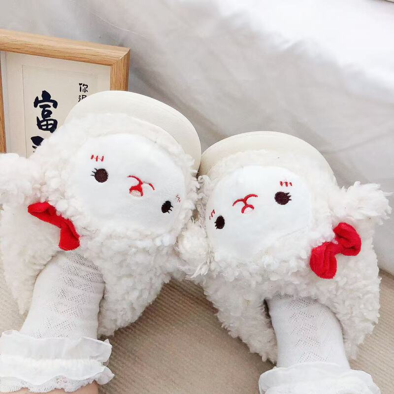 New Cute Cartoon Lamb Thick-Soled Waterproof Plush Slippers for Men and Women, Suitable for Autumn and Winter Indoor Home Use, Couple's Cotton Slippers