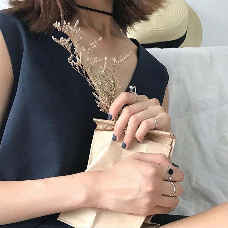 Nhẫn hipster Nhật Bản và Hàn Quốc đơn giản đặt vòng ngọc trai hình học mở phụ kiện cá tính nữ nhẫn vàng nam