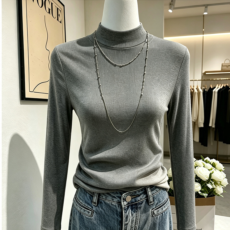 Gray Half-High Collar Slimming Long-Sleeve Women's Base Shirt, Elegant Slim-Fit T-Shirt with Three-Quarter Sleeves, Slimming Mid-Sleeve Top for Layering