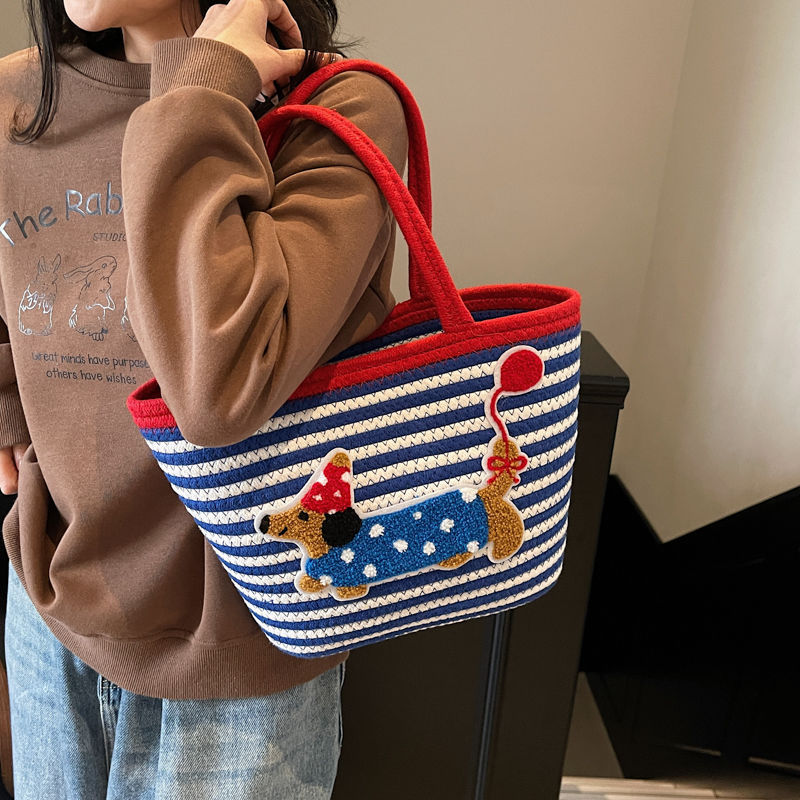 Dachshund Dog Basket Tote Bag Cute Puppy Large Capacity Tote Bag Woven Cotton Rope Bag Gift Bucket Bag