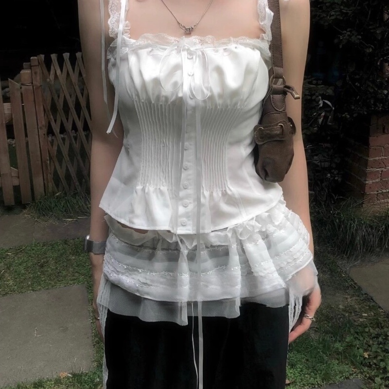 White Lace Camisole for Women, Summer New Style, Unique and Delicate, Tie-Up Waist, Sleeveless Short Top