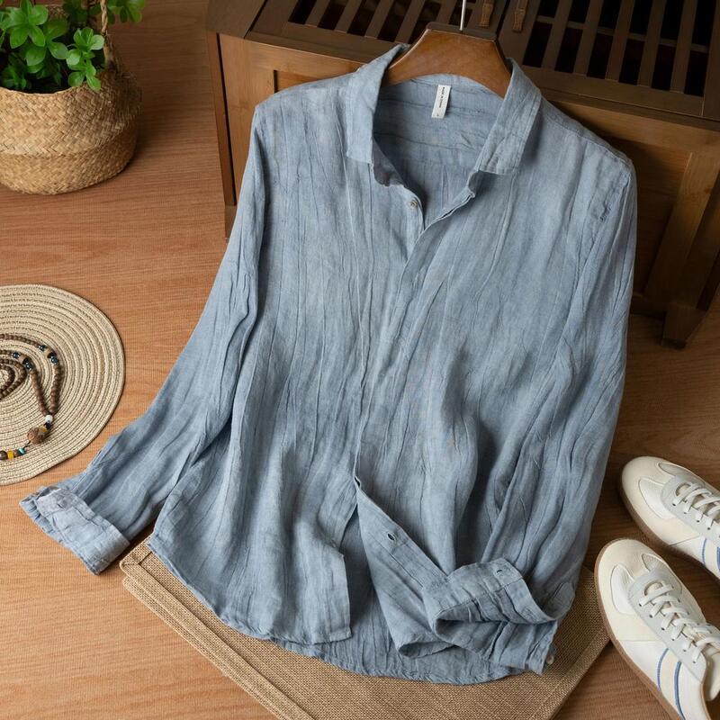 It ins Export Pure Linen Shirt for Men, Vintage Solid Color, Turn-Down Collar, Wrinkled, Loose, Breathable, Casual Long-Sleeve Shirt