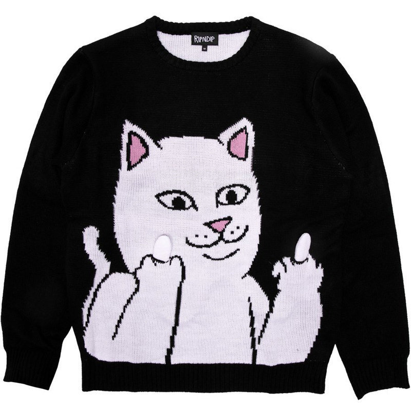 American Trendy Brand Ripndip Middle Finger Cat Sweater Knitwear, Unisex Couple Style, Cat That Can Raise Its Middle Finger American Trendy Brand Ripndip Middle Finger Cat Sweater Knitwear, Unisex Couple Style, Cat That Can Raise Its Middle Finger