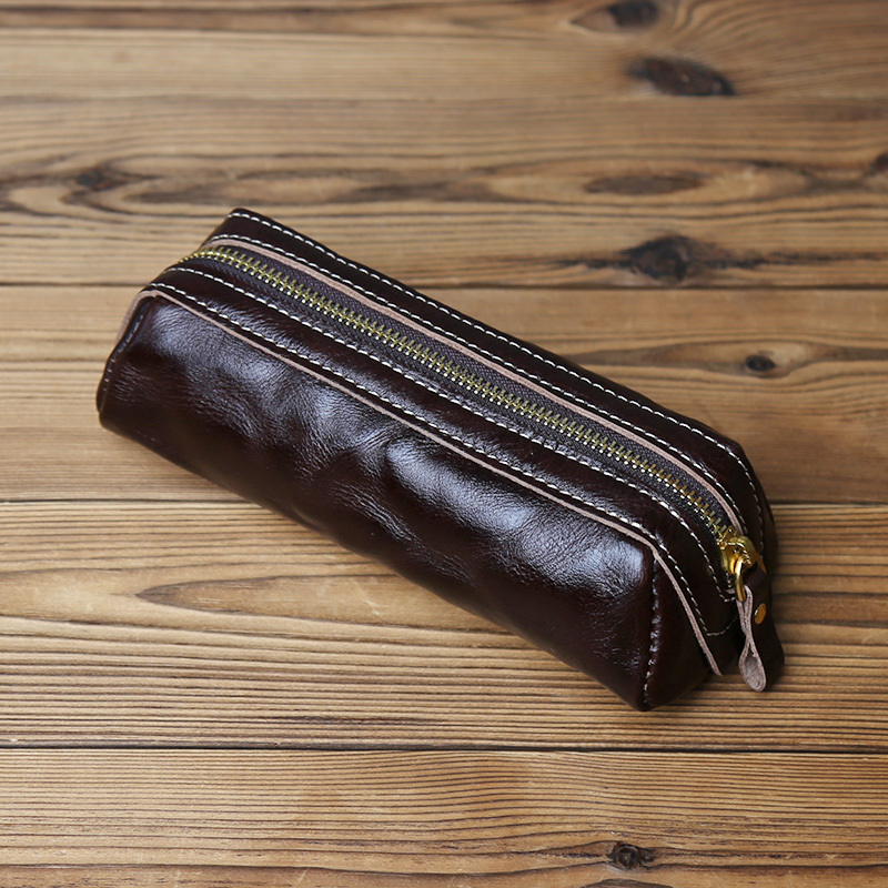 Vintage Vegetable-Tanned First-Layer Cowhide Pencil Case Storage Bag, Large Capacity Pen Bag, Pen Case, Genuine Leather Pen Sleeve, Hand-Grained Glasses Pouch