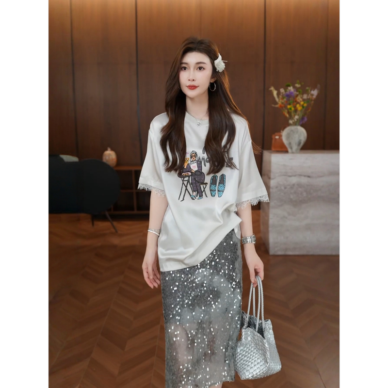 【Moonlight】Summer 100% Mulberry Silk Casual Style Hand-Painted Portrait Print Loose Skin-Friendly Short-Sleeve T-Shirt for Women