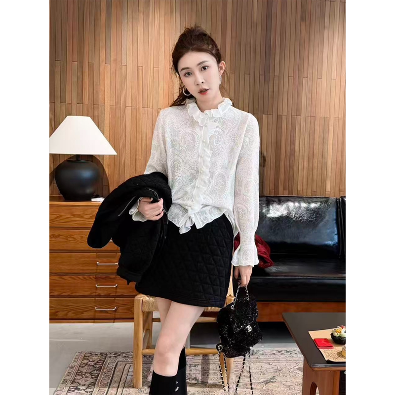 【Moonlight】 Winter New White Lace Pattern Ruffled Elegant Light Luxury Long-Sleeved Top Shirt for Women