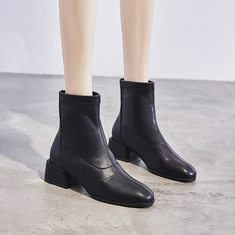 British style mid-heel short boots women's 2022 new autumn and winter cotton shoes thick heels thin Martin boots plus velvet women's shoes