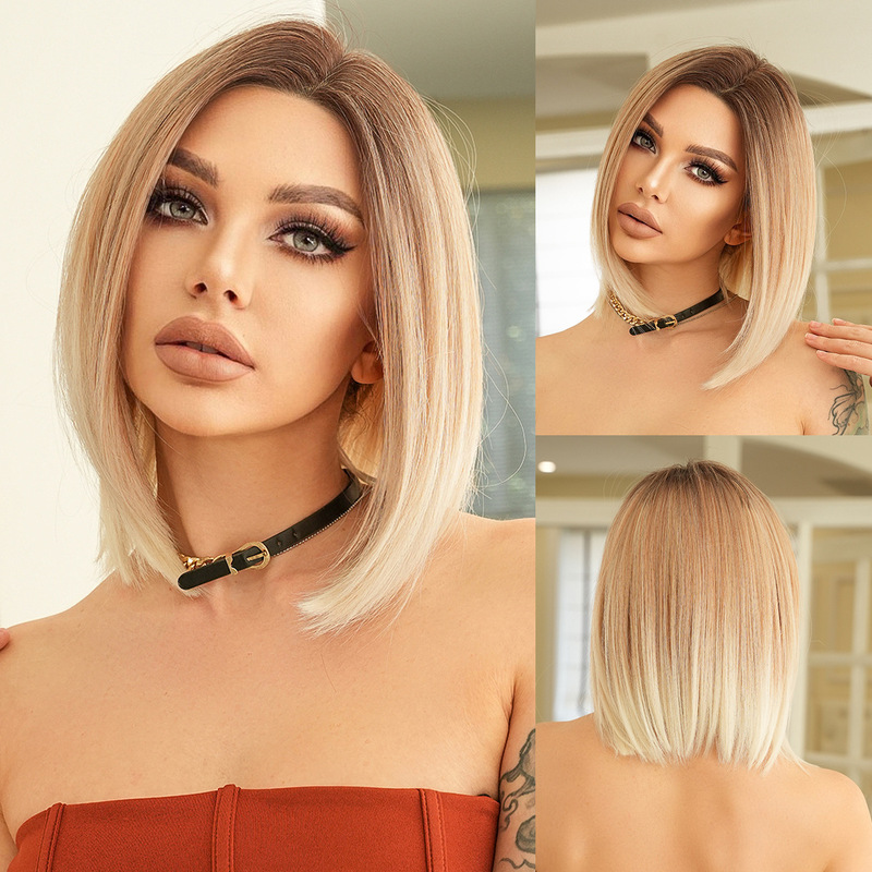 Gradient Gold Bob Lace Front French Bob Wig for Women with Realistic Hairline Lace Short Straight Synthetic Wig