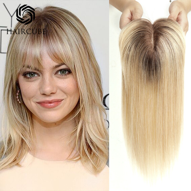 Hairpiece for Women, 14-Inch One-Piece, Lightweight and Breathable, Real Human Hair, Gradient Blonde and Brown with Bangs