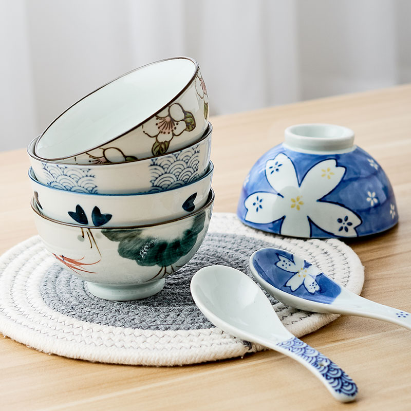 Mystery to use household tableware Japanese and wind small pure and fresh and the under glaze color porcelain rice bowls to eat bowl spoon