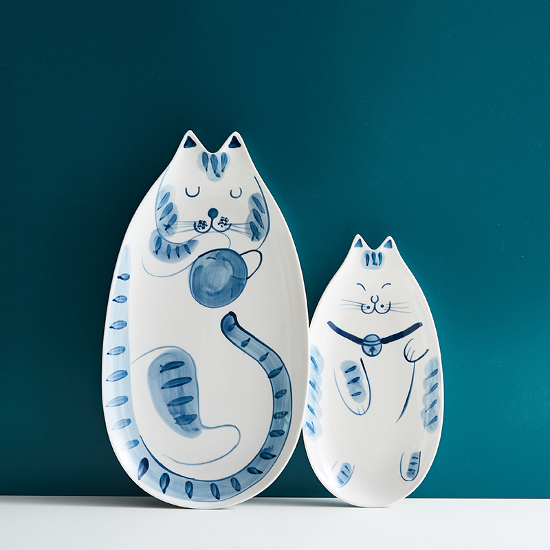 Mystery blue cat Japanese - style tableware under glaze color porcelain household sweet rice bowls oval dish dish breakfast tray
