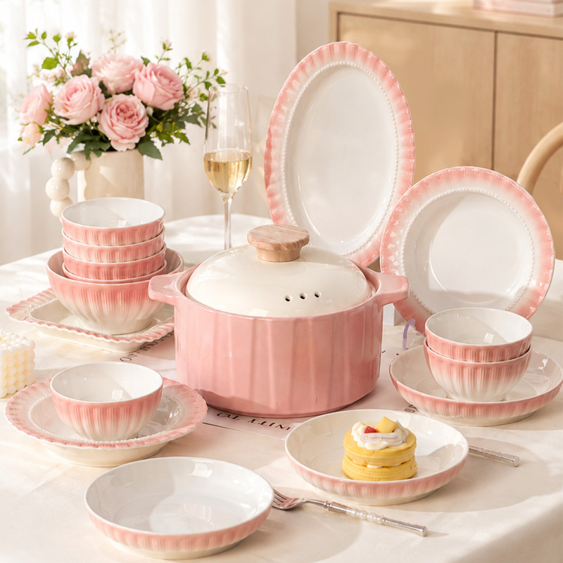 Pink Gradient Embossed Ceramic Bowl and Plate Tableware Set, Household Bowl and Plate Combination Set, Complete Set of Wedding and Engagement Souvenirs Pink Gradient Embossed Ceramic Bowl and Plate Tableware Set, Household Bowl and Plate Combination Set, Complete Set of Wedding and Engagement Souvenirs
