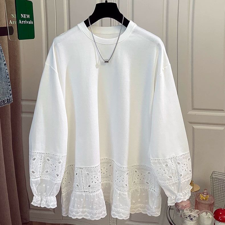 Pure Cotton Plus-Size 1.0-150kg Large Size Hollow Lace Patchwork Long-Sleeve T-Shirt for Women, Loose Design Mid-Length Top Pure Cotton Plus-Size 1.0-150kg Large Size Hollow Lace Patchwork Long-Sleeve T-Shirt for Women, Loose Design Mid-Length Top