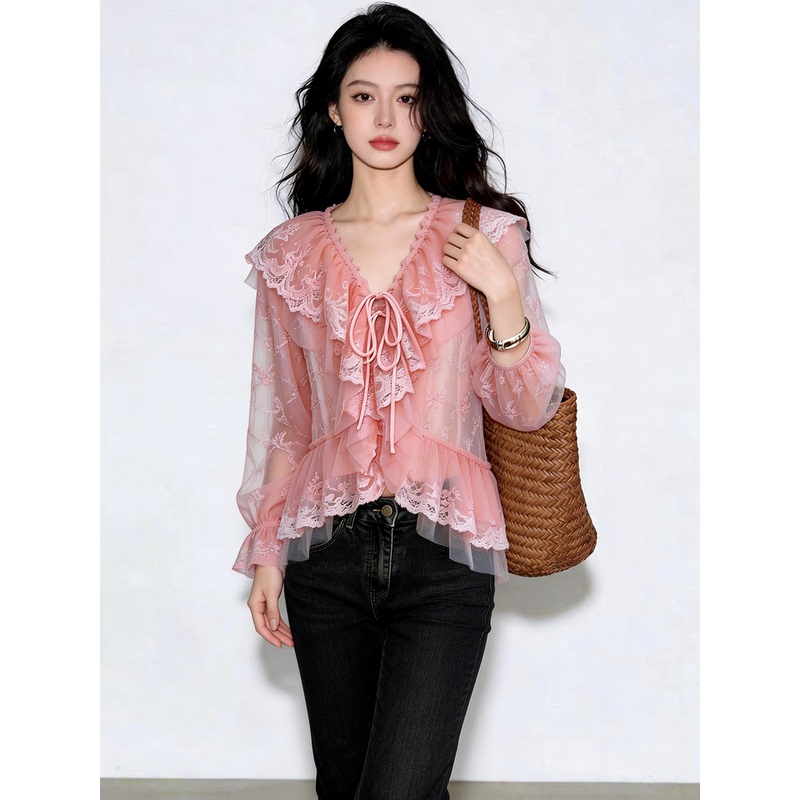 French Sweet Style Ruffled Lace-Up Lace Shirt for Women, Long-Sleeved Pink Commuter High-End Top, Summer 2026