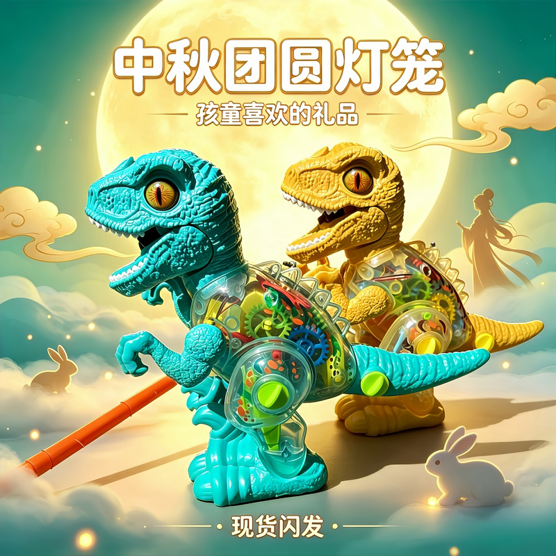 2026 Mid-Autumn Festival Lanterns for Children: Handheld Electric Spray Dinosaur with Transparent Gear, Assembling Dinosaur, Glowing Music Light