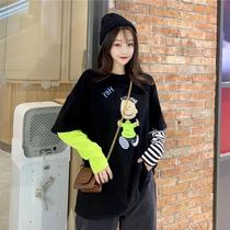 2020 Spring and autumn new striped sleeves splicing fake two-piece Korean version Long sleeves T-shirt female display slim student loose clothes