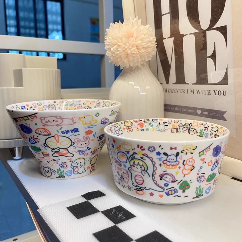 Graffiti Bowl ins Cute Ceramic Tableware Girly Rice Bowl Graffiti Cup with Lid Hat-Shaped Bowl Set for Home Use