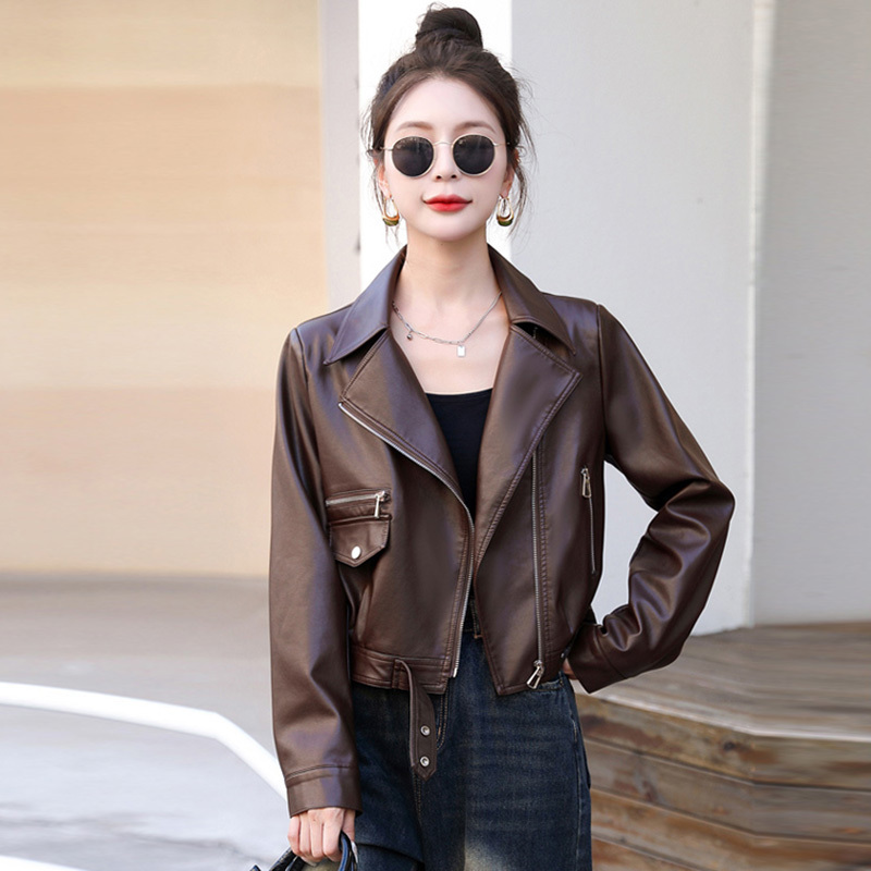 Women's Short Leather Jacket with Fleece Lining, Thick Biker Jacket, 2026 Spring, Autumn, and Winter New Style, Coffee-Colored Suit Collar Pu Leather Jacket