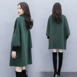 Зеленое шерстяное пальто, куртка, длинный осенний плащ, средней длины