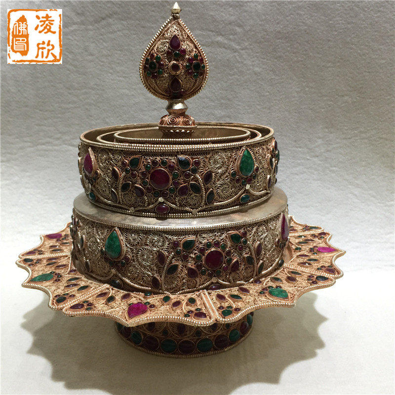 Lingxin Foyuan Nepalese handmade pure copper manza filigree inlaid gemstone white copper manza with tray large