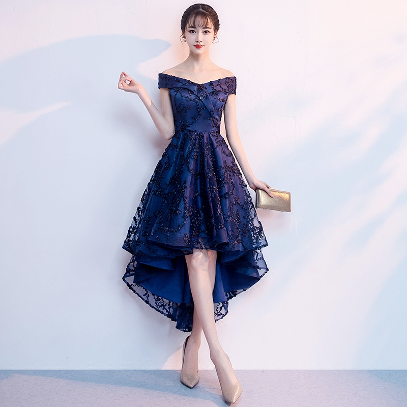 One-Shoulder Evening Dress for Women 2026 New Style Banquet Noble Light Luxury Niche Short Front Long Back Blue Mother of the Bride Wedding Dress