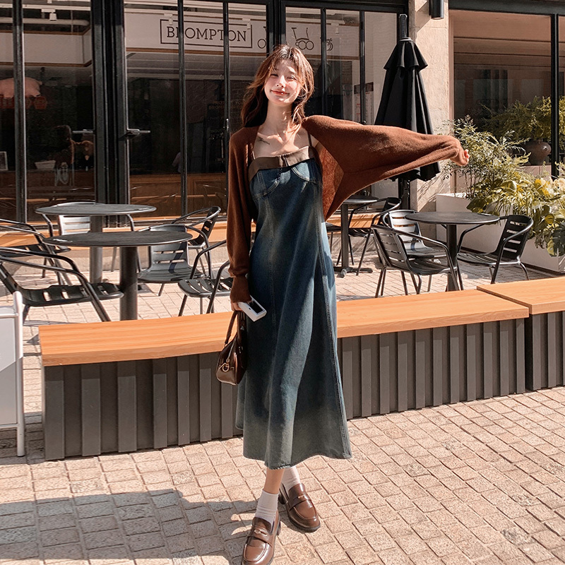 Coffee-Colored Top and Denim Suspender Skirt Set 2026 New Women's Spring and Autumn Vintage Elegant Mature Dress Two-Piece Set