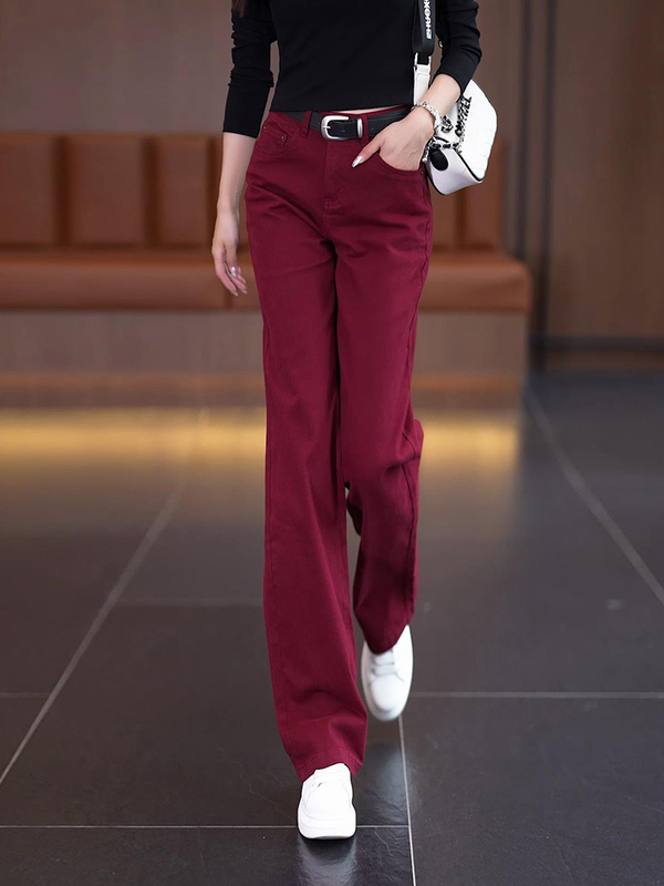 High-End Spring and Autumn New Style Burgundy High-Waisted Straight-Leg Jeans for Women, High-Waisted Fleece-Lined Fashionable Casual Wide-Leg Pants High-End Spring and Autumn New Style Burgundy High-Waisted Straight-Leg Jeans for Women, High-Waisted Fleece-Lined Fashionable Casual Wide-Leg Pants