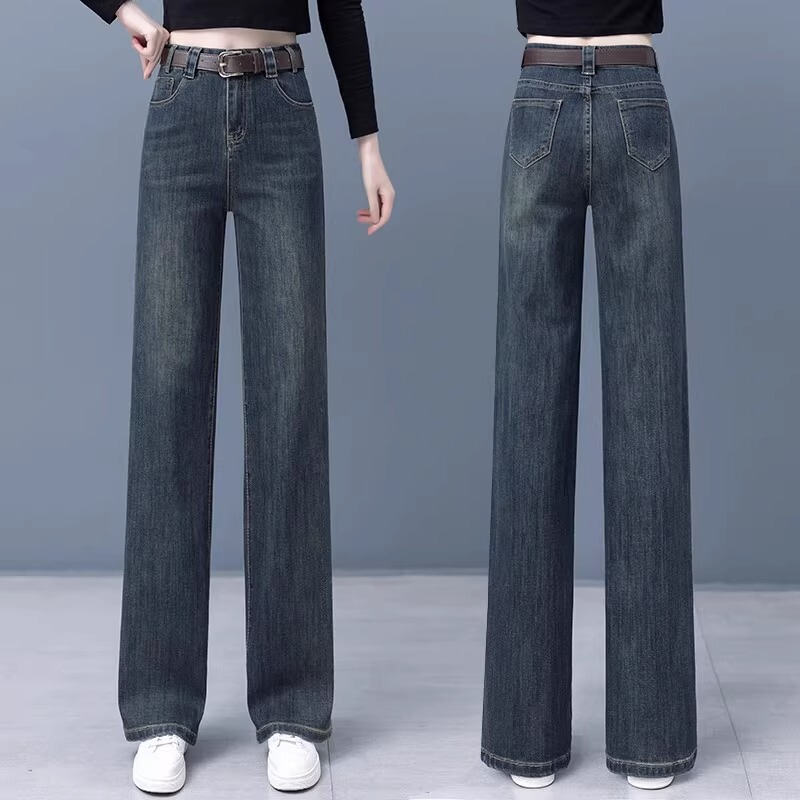 High-End Pure Cotton Soft Wide-Leg Jeans for Women, New Spring and Autumn Long Pants, High-Waisted, Loose, Narrow Version, Drapey Straight-Leg Pants