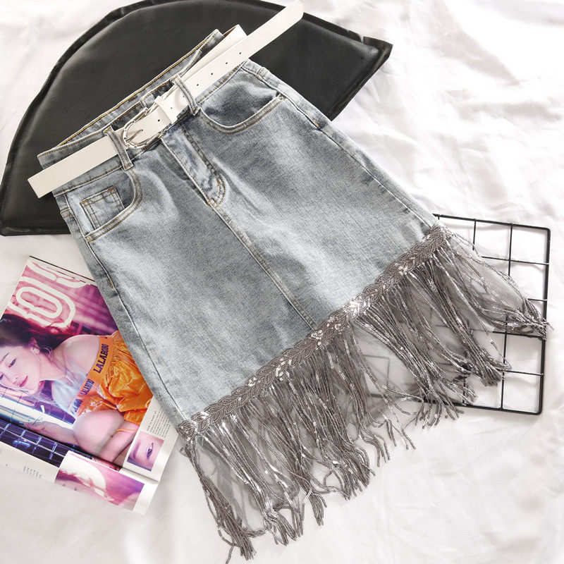Denim Skirt Women's Summer High Waist Slim Hip Skirt 2020 Spring New Versatile Tassel Sequins Fashion Skirt