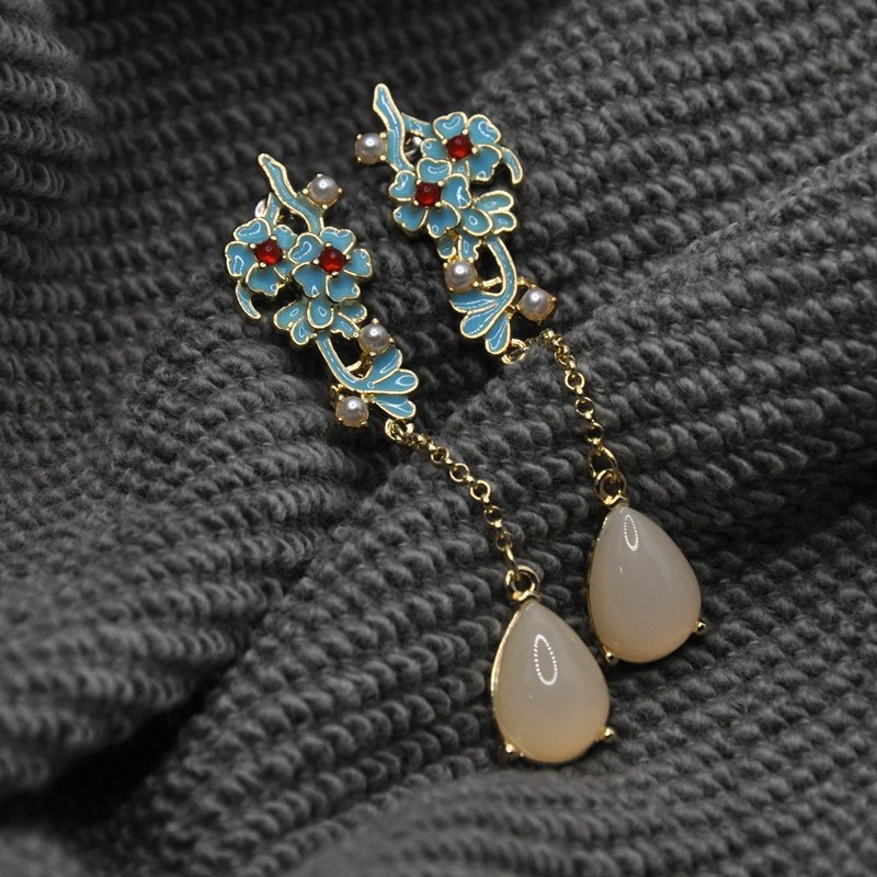 Autumn Home Country Wind Retro Hanfu Palace Court Super Fairy Enamel Glazed Blue Long Version Plum Blossom 925 Silver Needle Ear Clip Ear Clip