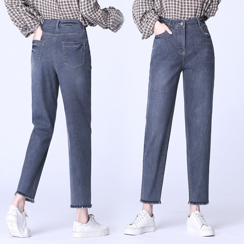 Lưng cao denim chín điểm quần nữ mùa hè 2020 sành điệu thời trang tóc-gọng lỏng quần Harun quần củ cải mỏng