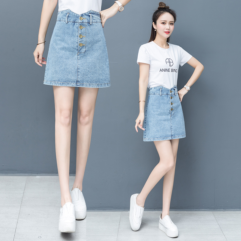 Mùa hè 2020 mùa hè một từ mới váy quấn denim lưng cao váy của phụ nữ hông mỏng denim váy váy