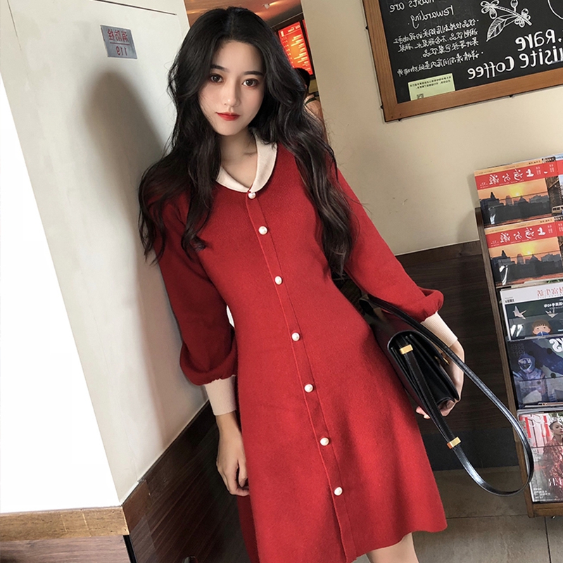Autumn winter dolls collar high waist A character dress Korean version red dress sweet and temperamental style long sleeve knitted foreign dress