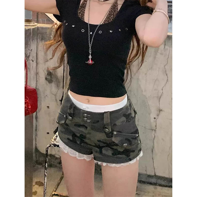 Y2K American Style Lace Patchwork Camouflage Cargo Shorts for Women, Summer Slim Fit Low-Waist Hip-Hugging Denim Hot Pants