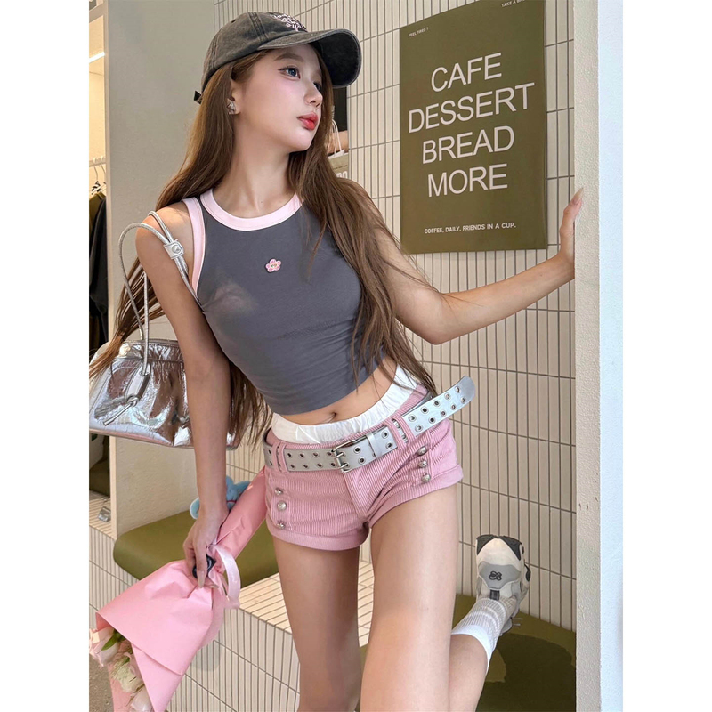 Dopamine Pink Shorts for Women, Summer Hot Girl Style, Napoleon Button Design, Slim Fit, Low Waist, Hip-Hugging Hot Pants