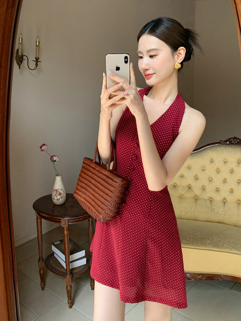 Xxning French Retro Red Polka Dot Halterneck Dress for Women Autum Seaside Resort Style Sleeveless Backless Long Dress