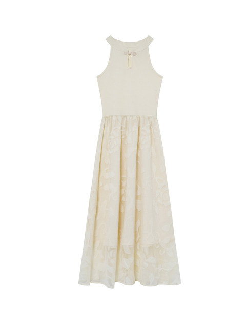 XXNING New Chinese style folding rose texture yarn neck dress for women's sleeveless vest skirt A-line knitted long skirt