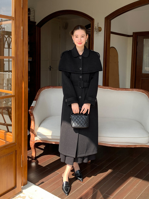 Xxning French Retro Cape Design Two-Way Woolen Coat for Women, Autumn and Winter High-End Fashion Waist-Cinching Jacket